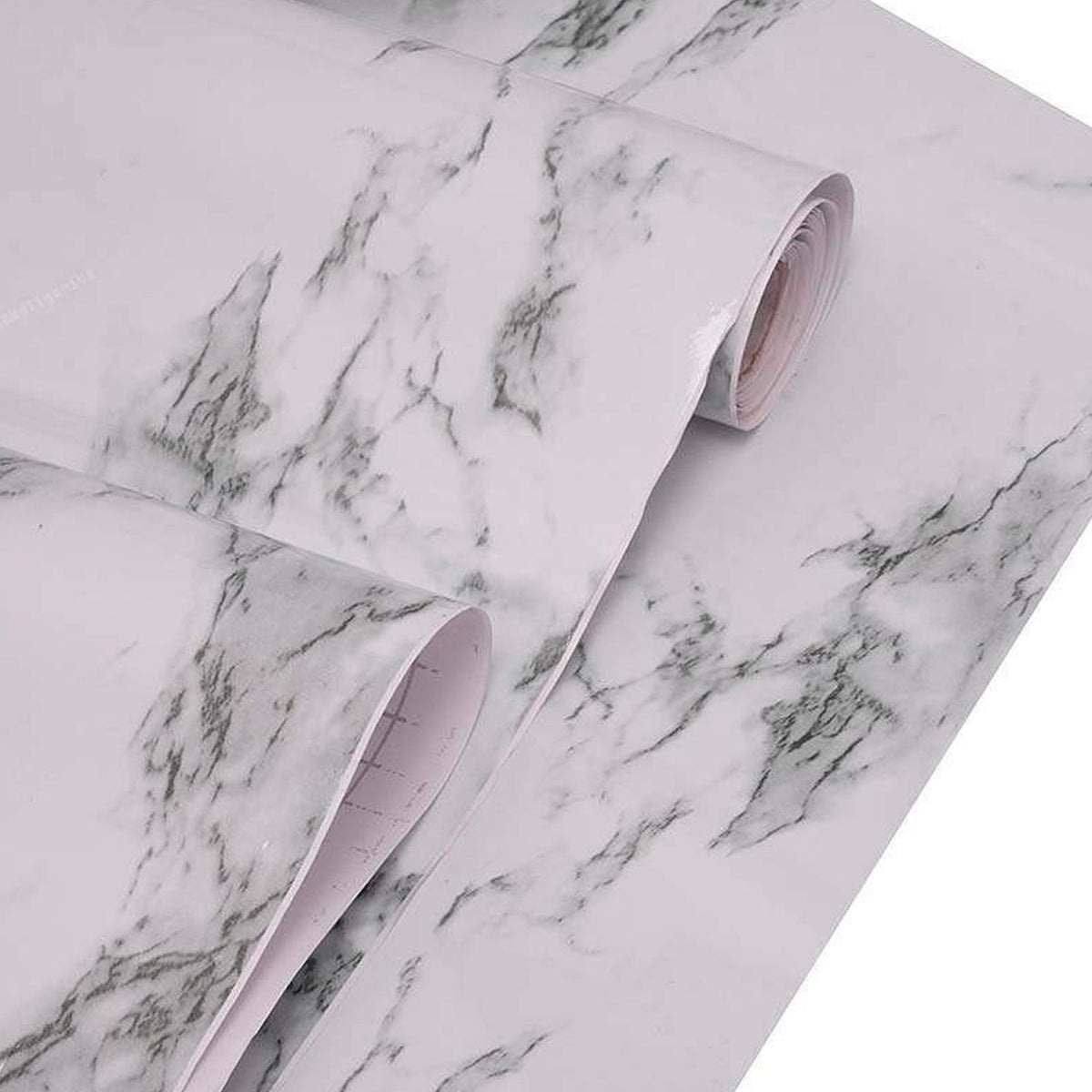 Close-up view of a roll of white and grey marble pattern self-adhesive wallpaper.
