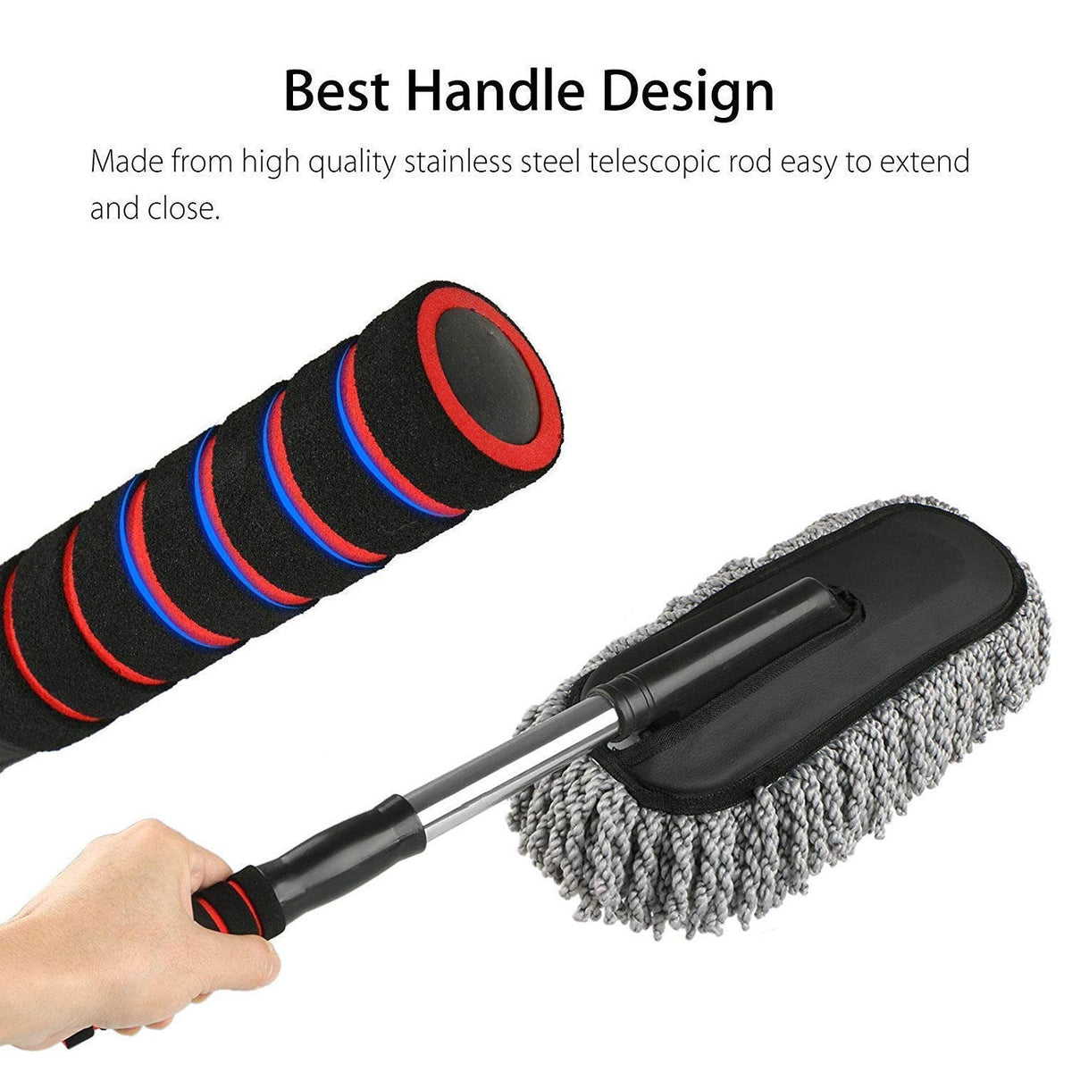 A hand holding the red and black grip of the car duster, with text describing the high-quality stainless steel telescopic