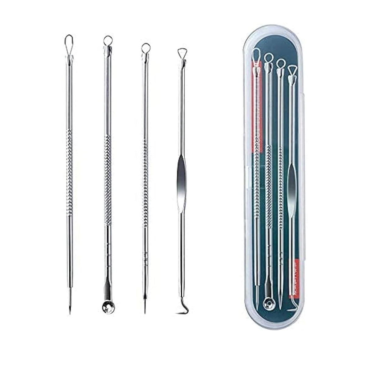 Four stainless steel blackhead remover tools are neatly arranged next to their clear plastic storage case.