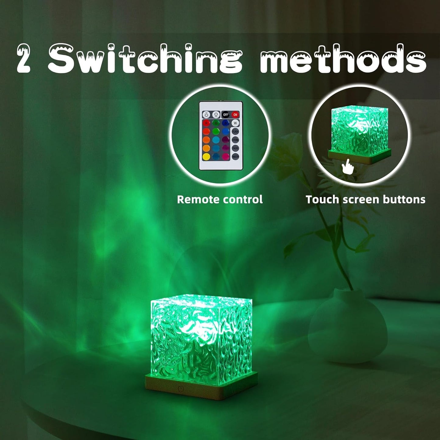 A crystal cube lamp projecting green ripples, with icons illustrating remote control and touch screen button switching