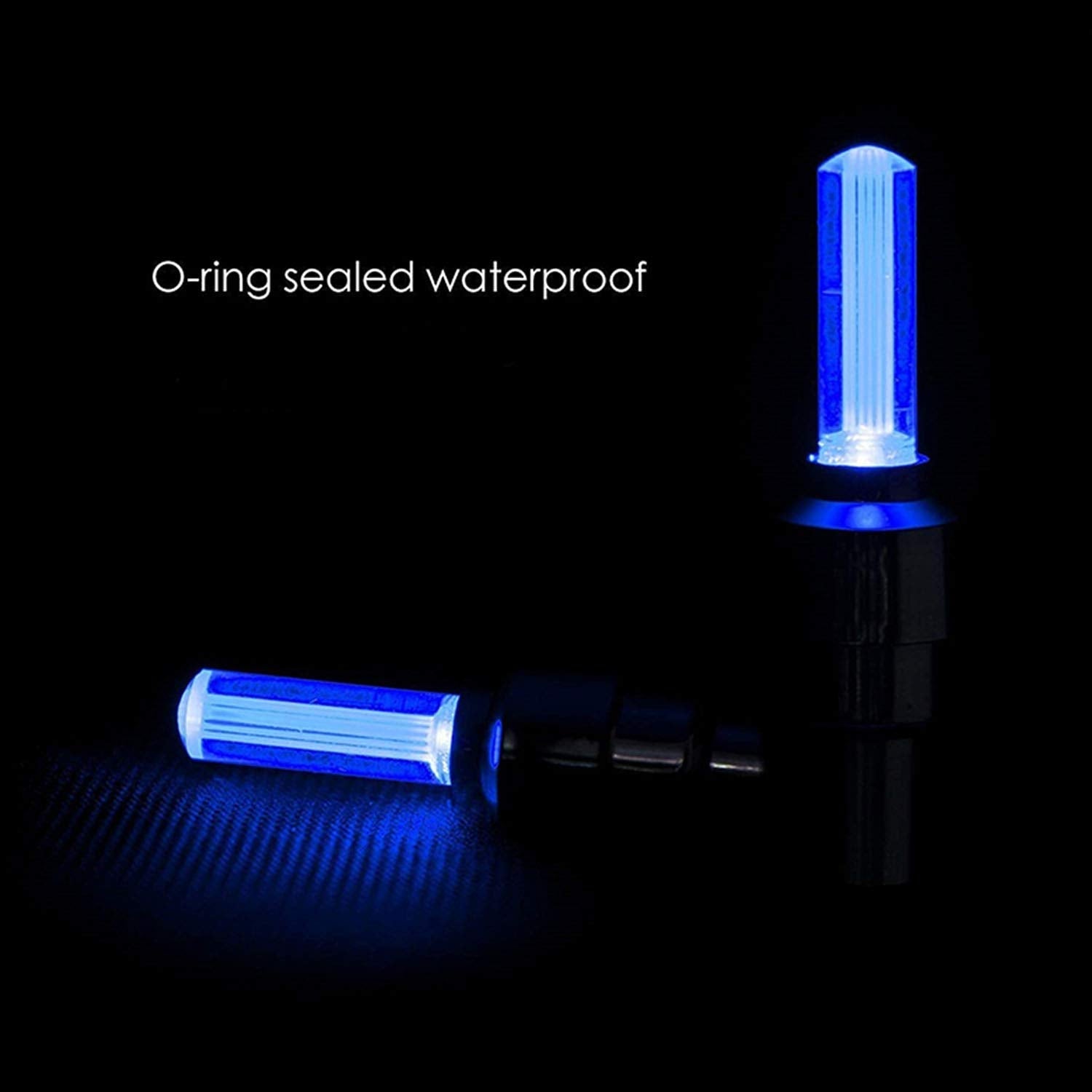 Two blue LED valve cap lights, one upright and glowing, the other lying down, with text 'O-ring sealed waterproof'.