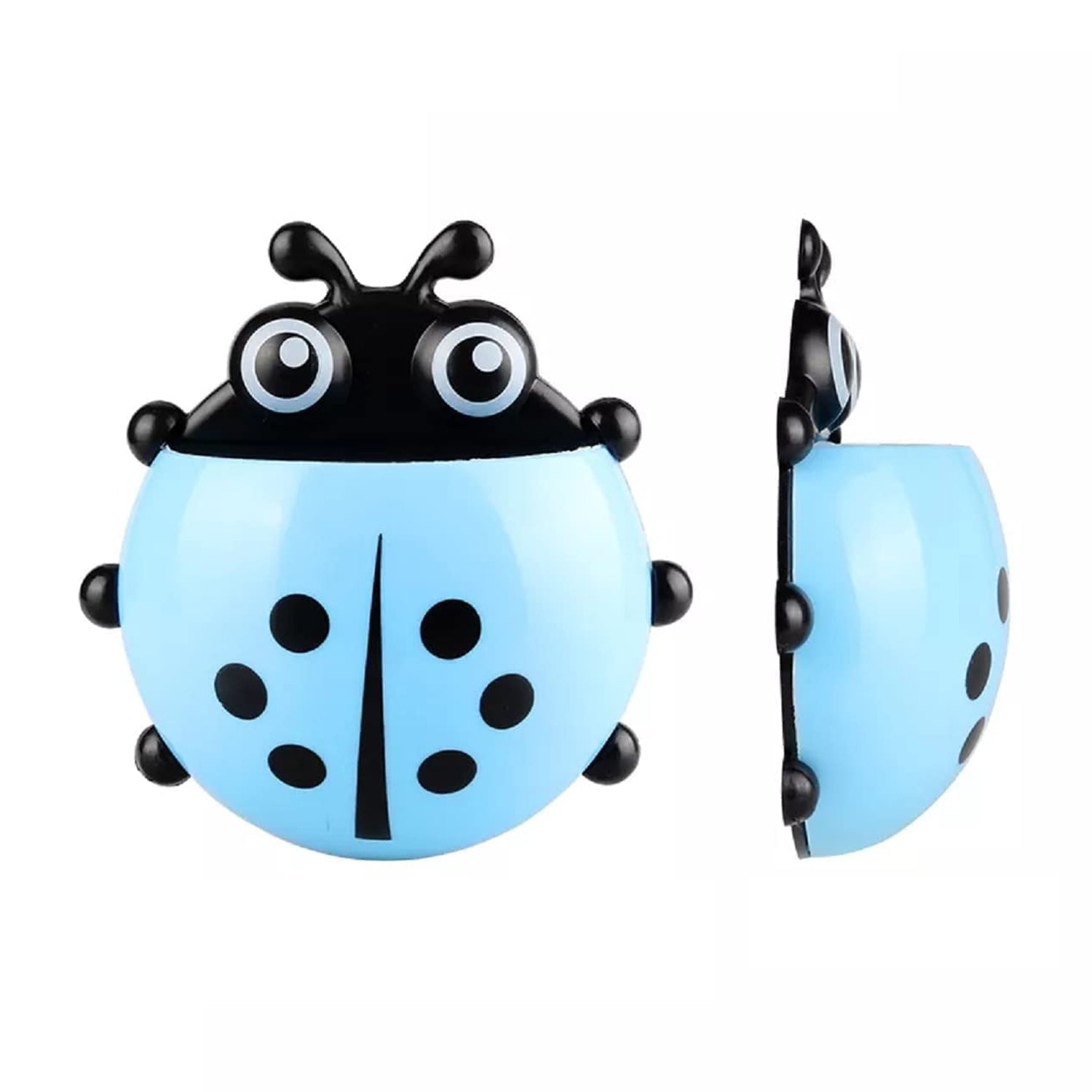 Front and side views of a blue ladybug holder with black spots and antennae are shown against a white background.
