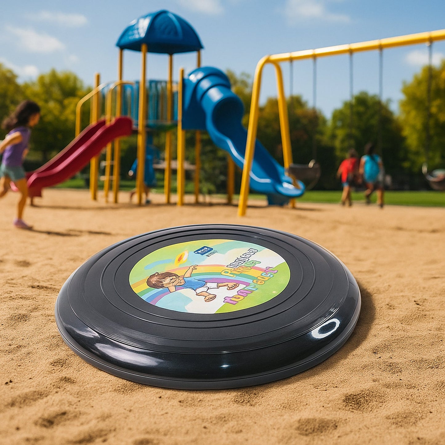 Family playing throw and catch game using small frisbee disc