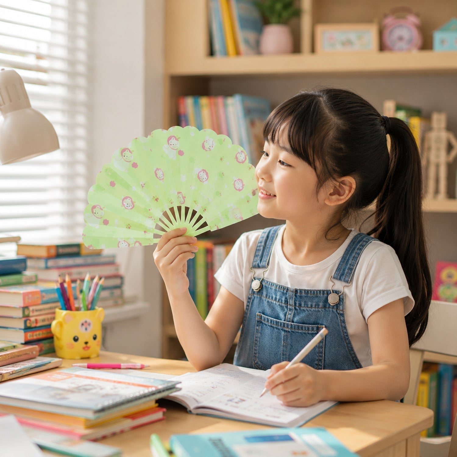 A young girl in denim overalls sits at a desk, studying and fanning herself with a green plastic fan.