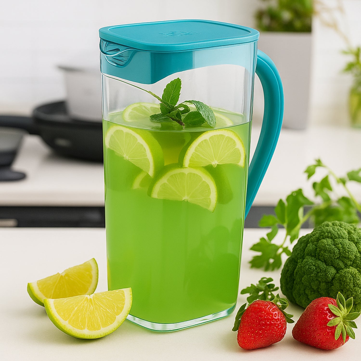 Plastic jug with glasses filled with beverages for serving