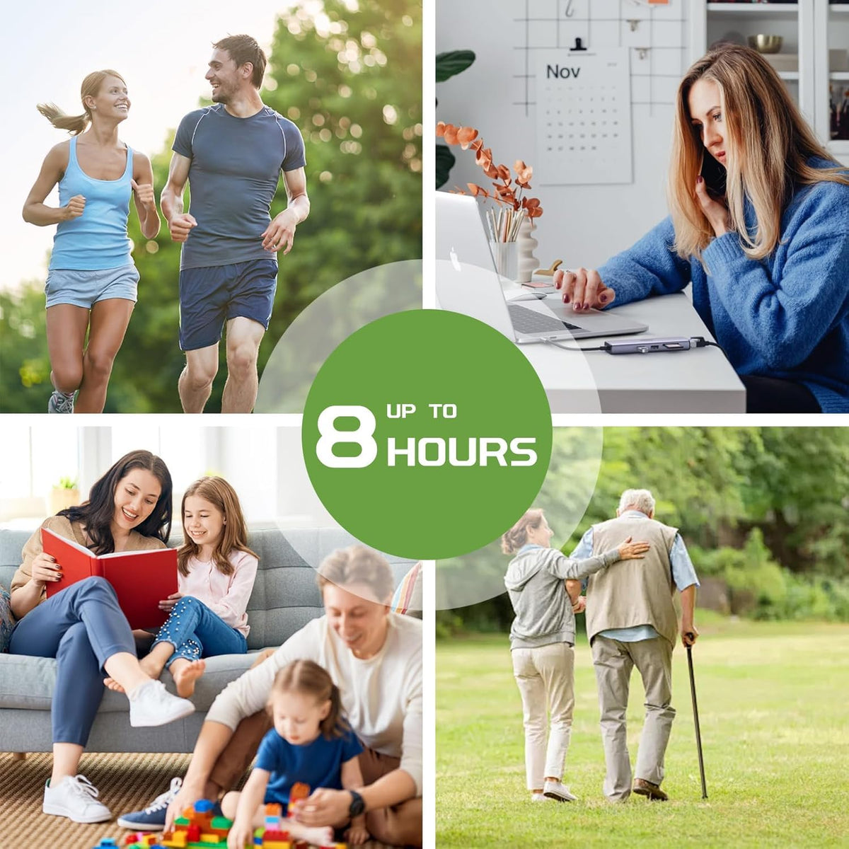 A collage shows people running, working, reading, and walking with a cane, with an 8-hour duration in the center.