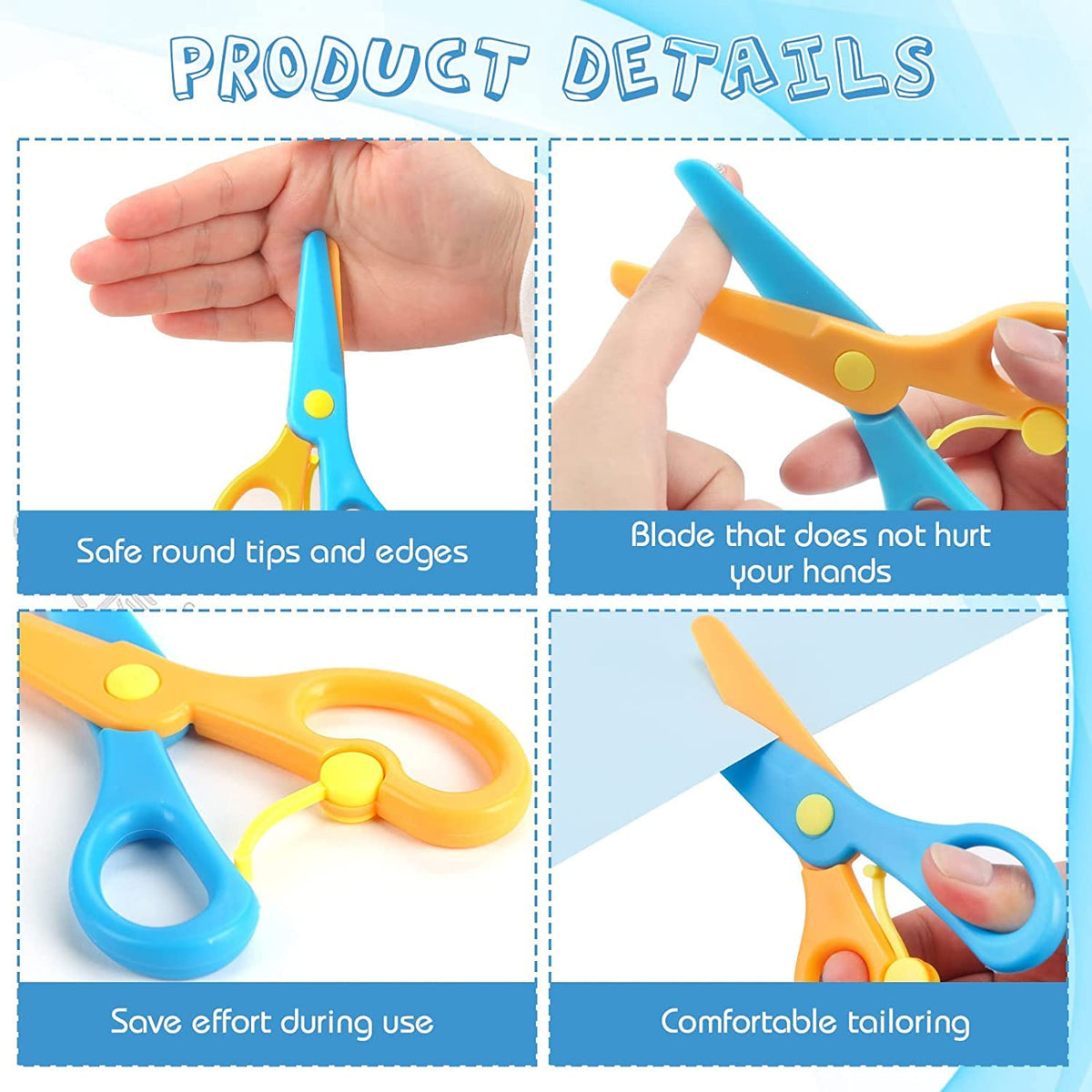 A four-panel image detailing the features of the child-safe plastic scissors, including rounded tips.