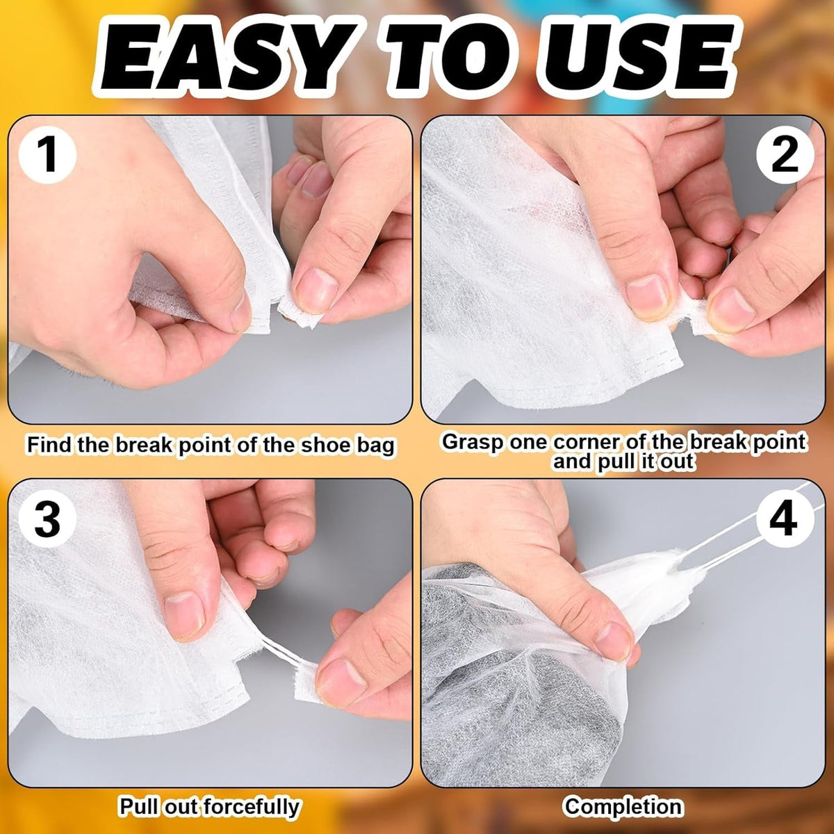 Four step-by-step images demonstrating how to open and use the white non-woven drawstring shoe bag.