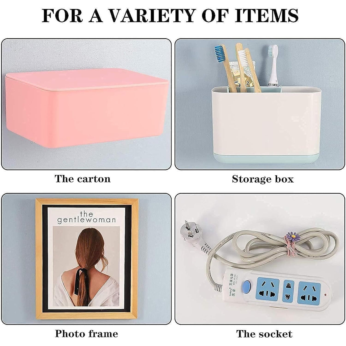 A collage displays four different items, including a pink box and a photo frame, held by the adhesive hanger.