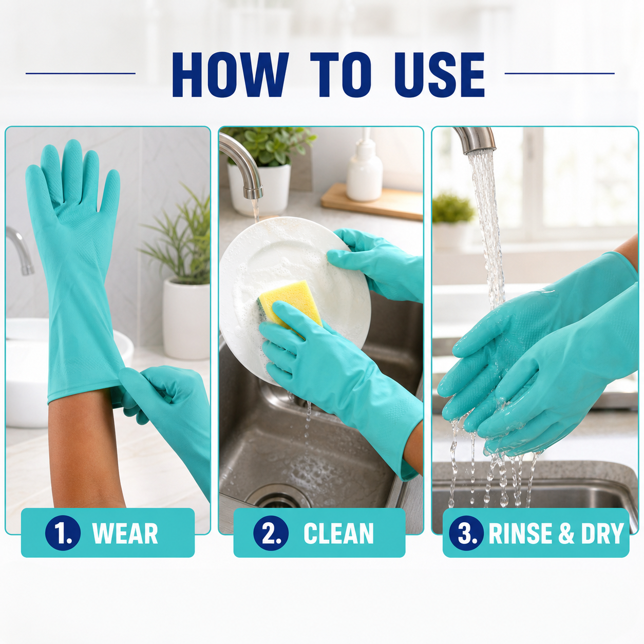 A three-panel image demonstrates how to use the gloves, showing hands putting them on, cleaning a plate, and rinsing under