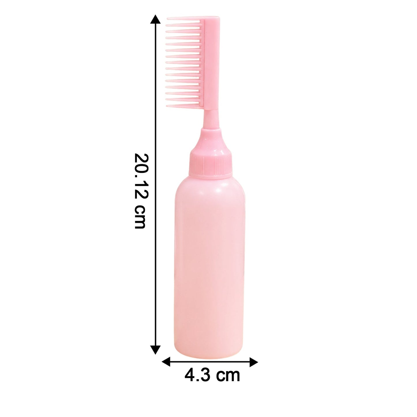 A pink 2 In 1 Hair Oil Applicator Bottle with Scalp Comb is shown with its dimensions, 20.12 cm tall and 4.3 cm wide.