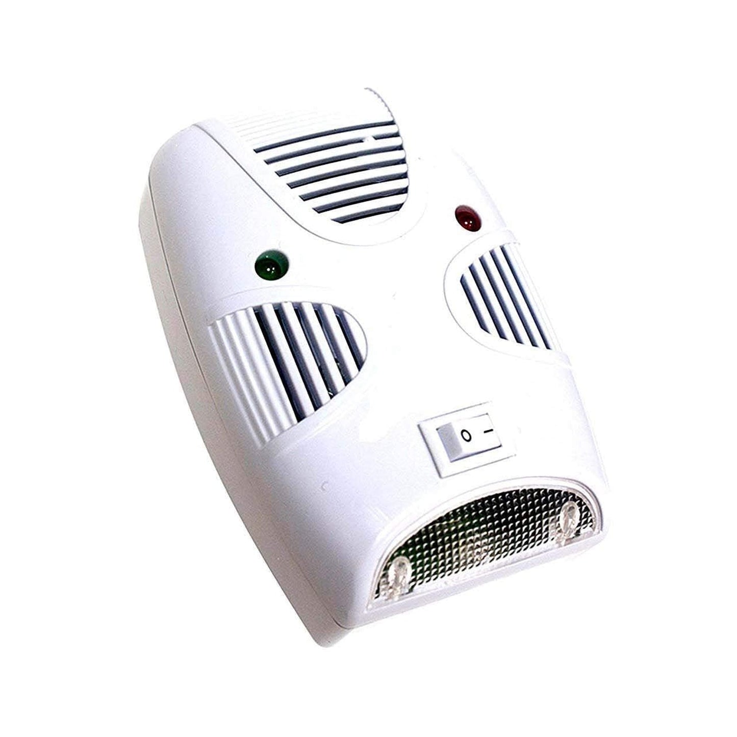 A white ultrasonic pest repeller with a power switch, two indicator lights, and a night light feature.
