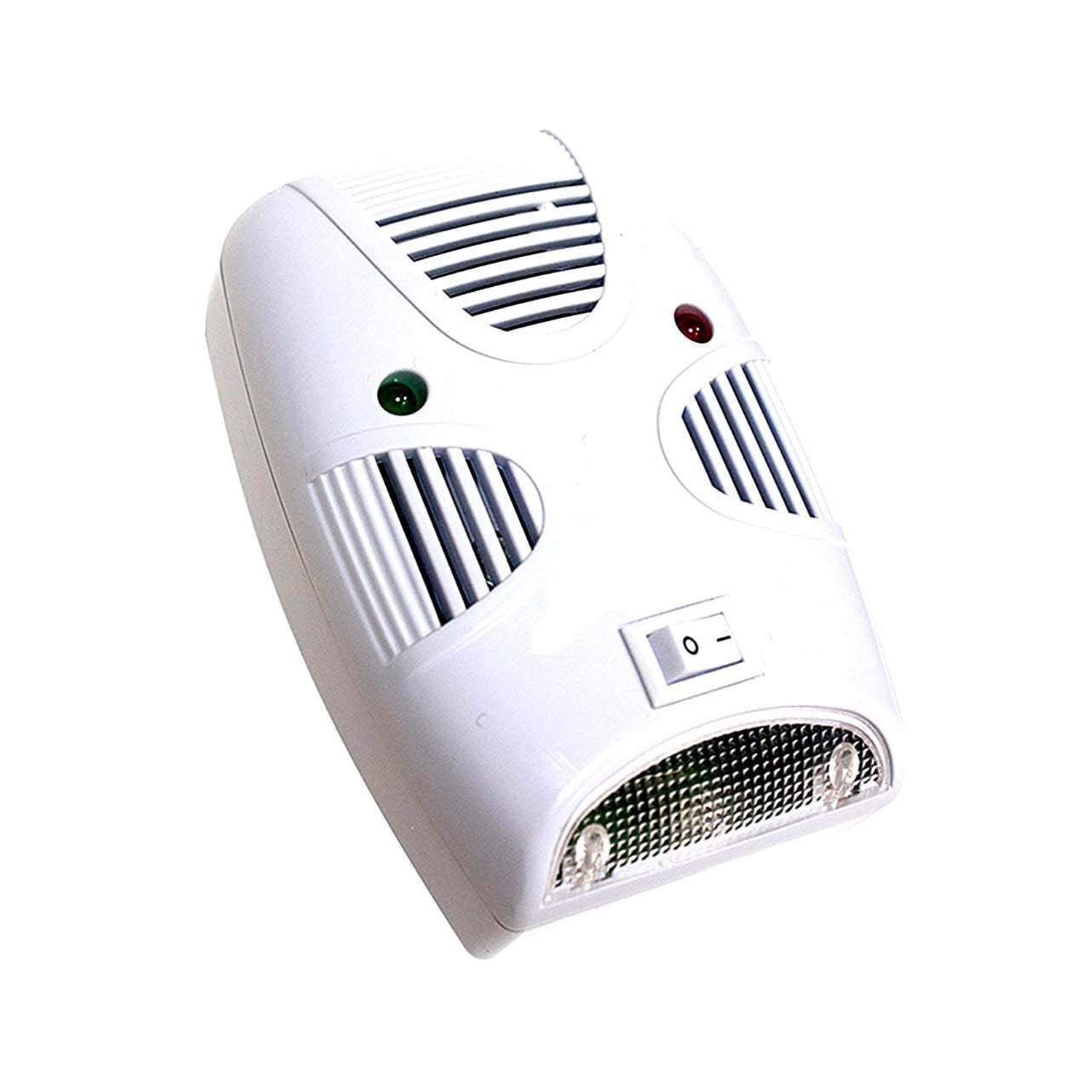 A white ultrasonic pest repeller with a power switch, two indicator lights, and a night light feature.