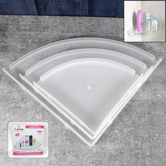 Three-piece white plastic corner shelf set displayed in a modern bathroom.