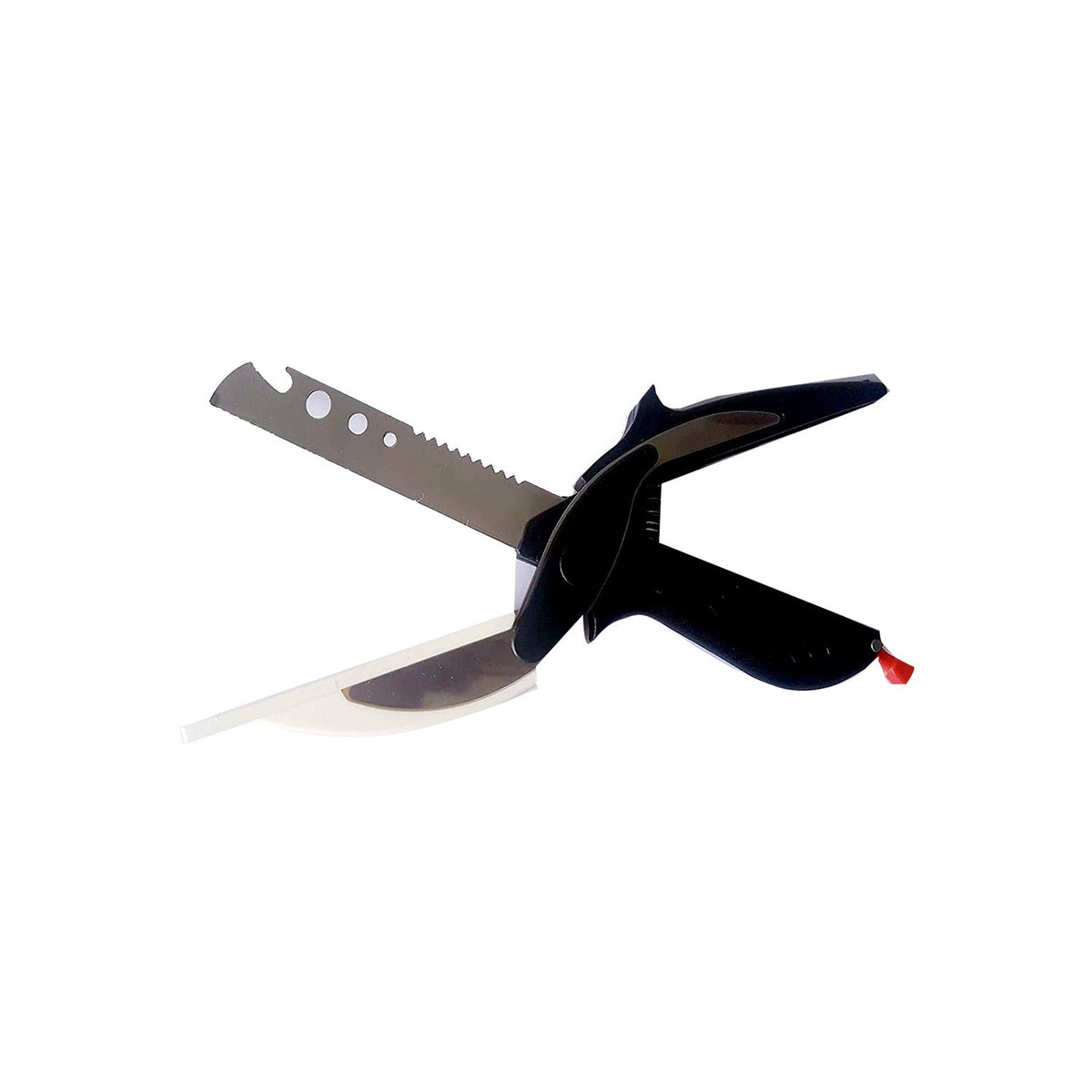 A black and white clever cutter with a serrated stainless steel blade and an integrated cutting board is shown on a white