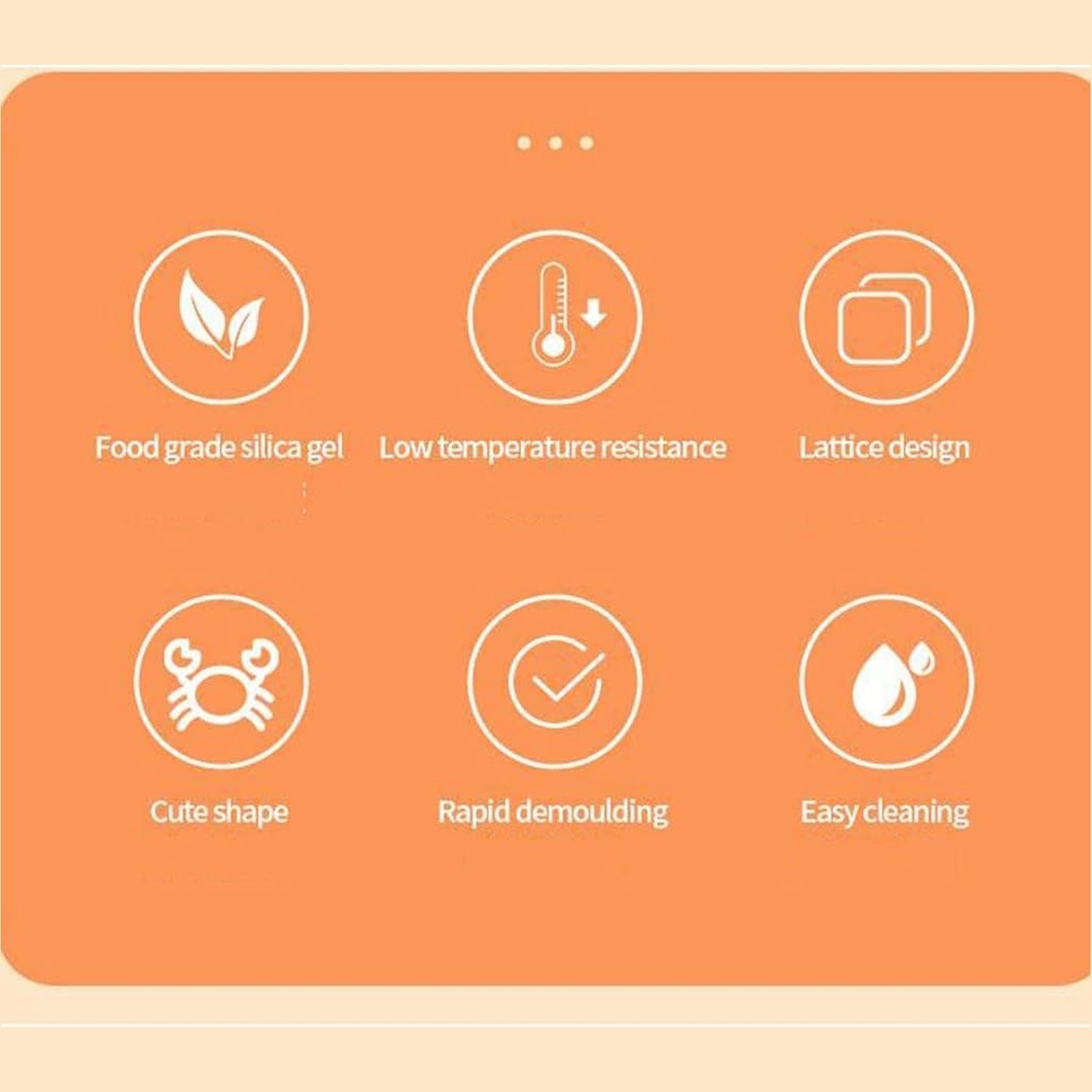 A diagram illustrating six key features of the ice mold, including material, temperature resistance, and design.