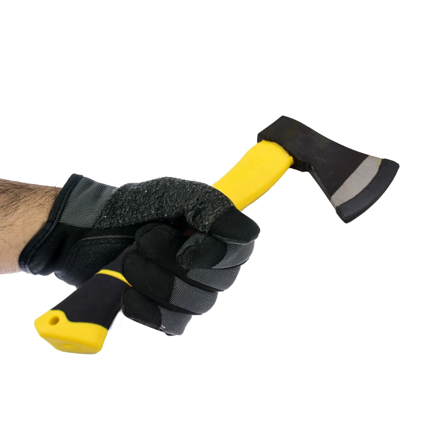 A gloved hand holds the yellow and black handled hatchet axe against a plain white background.