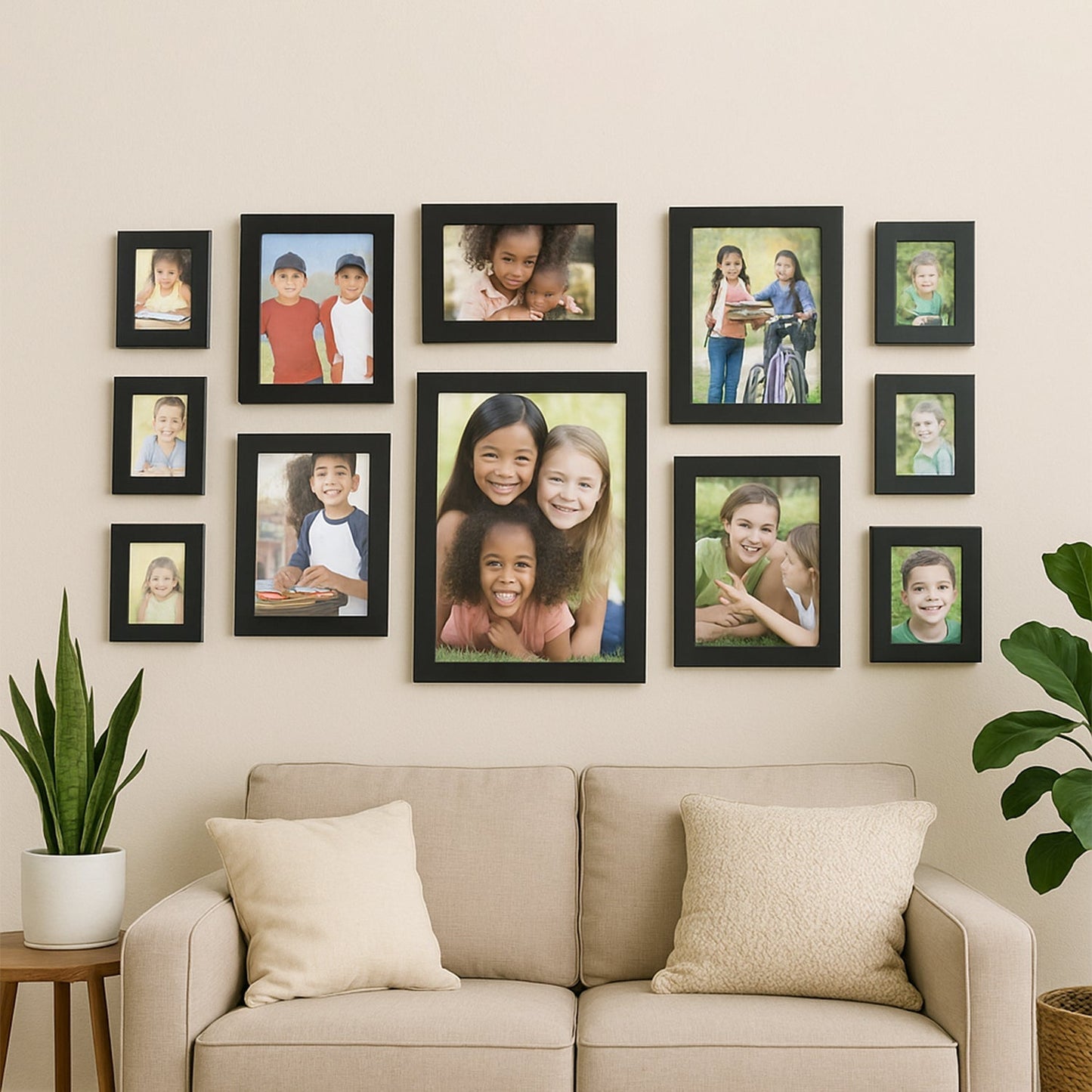 Wall-mounted black 12 photo frame set showcasing photos and certificates