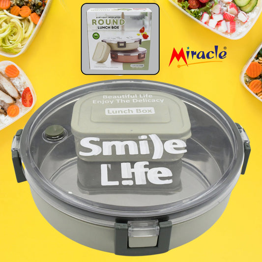 Miracle Stainless Steel Lunch Box with a clear lid and small plastic insert, ready for daily meals.