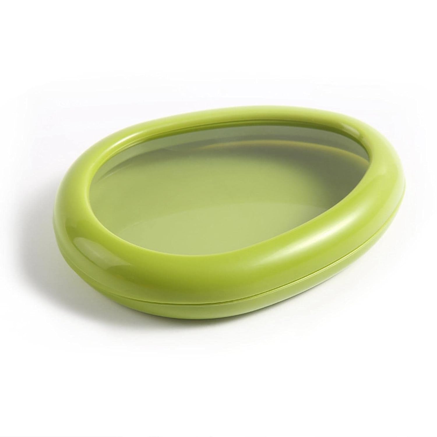A green avocado-shaped container holds half an avocado next to a yellow round container with a lemon.