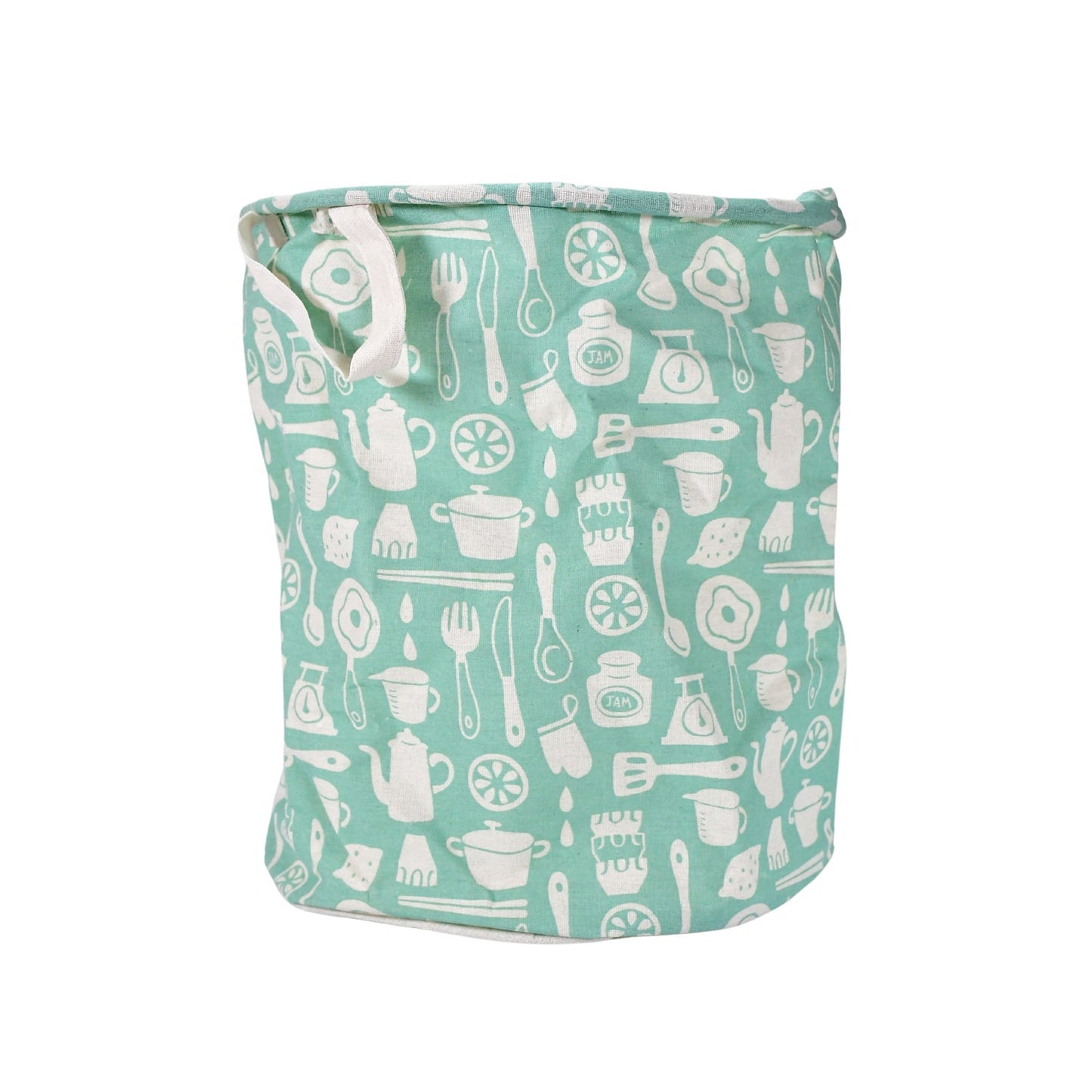 Mint green fabric laundry hamper with white kitchen utensil pattern on a plain white background.