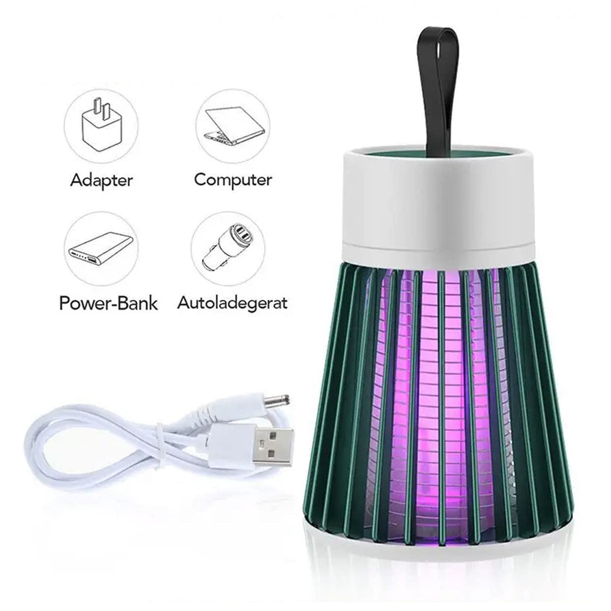 A green and white Mosquito Killer Lamp with purple light is shown with a USB cable and icons for various power sources.