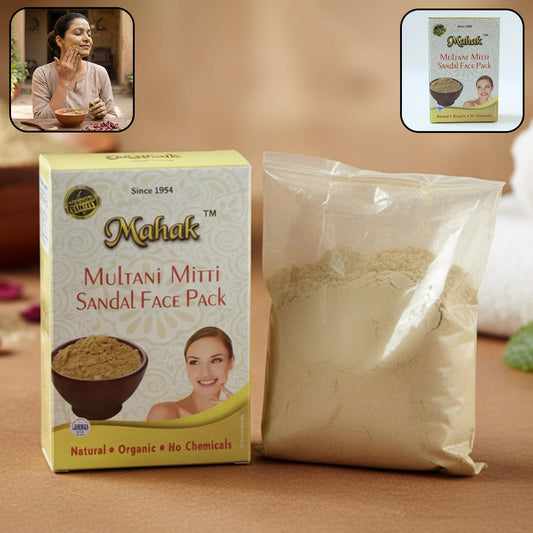 Mahak Multani Mitti Sandal Face Pack box and a clear bag of powder, with two inset images of a woman applying a face mask.