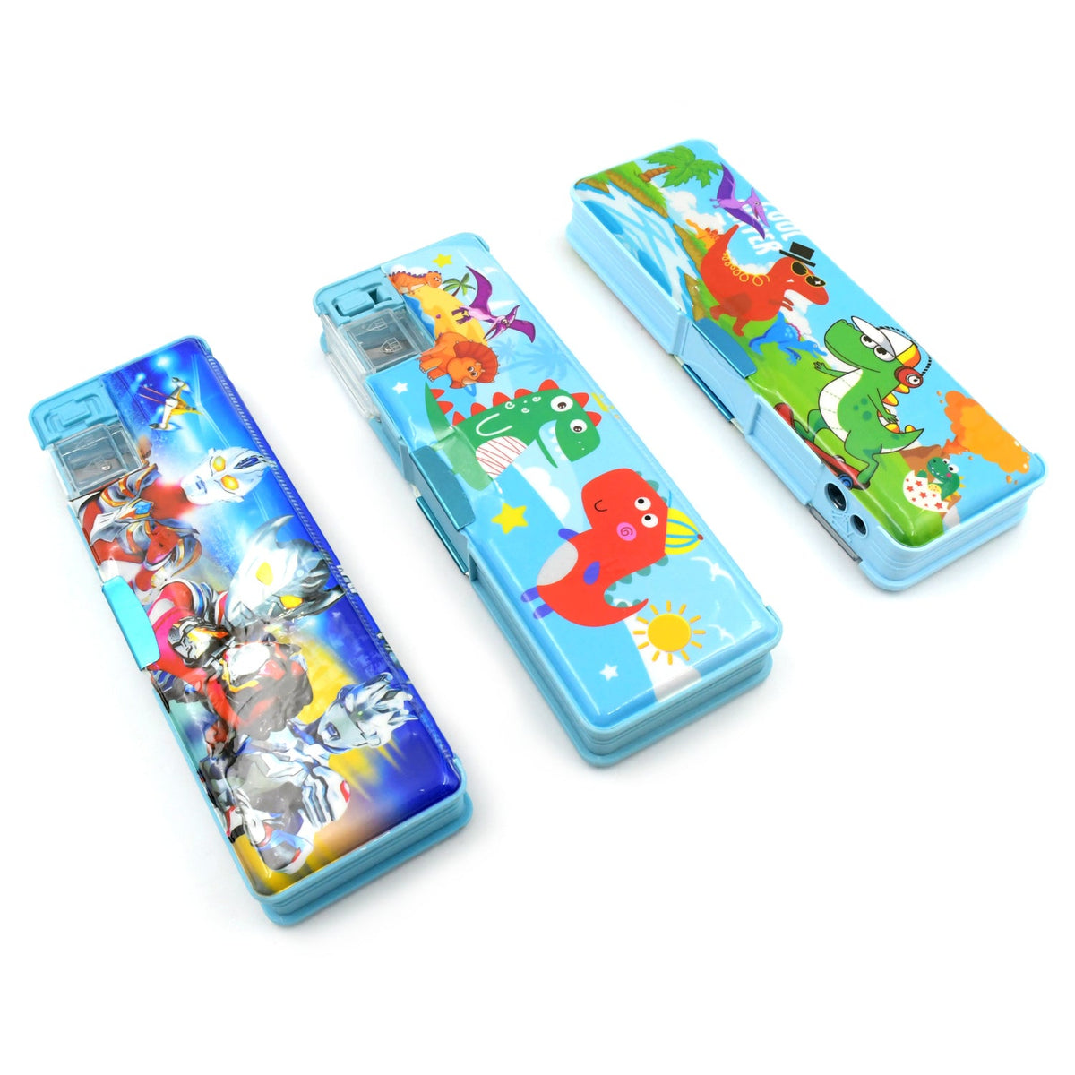 Kids' multi-compartment pencil case with sharpener featuring a playful cartoon graphic, designed for fun and functionality.