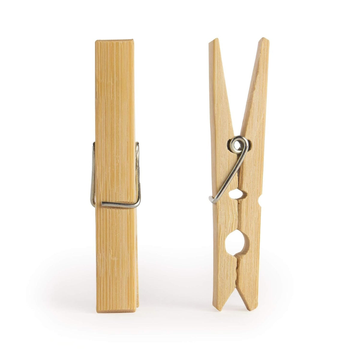 Two bamboo clothes pegs standing upright on a white background, one closed and one open.