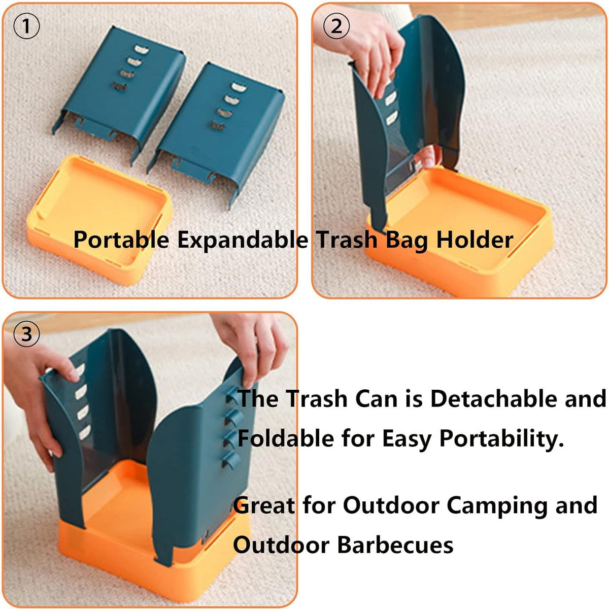 A collage shows the three steps to assemble the portable teal and orange trash bag holder.