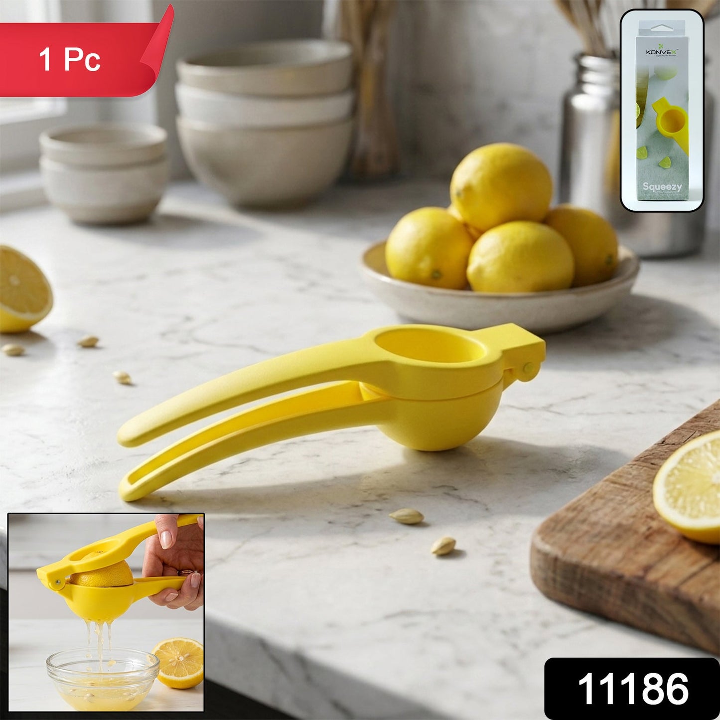 Hands squeezing a lemon in the yellow juicer, dripping juice into a clear bowl next to a cut lemon.