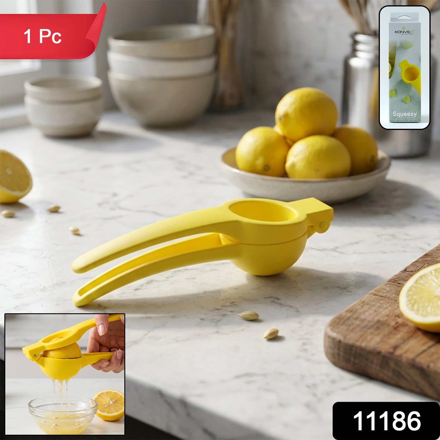 Hands squeezing a lemon in the yellow juicer, dripping juice into a clear bowl next to a cut lemon.