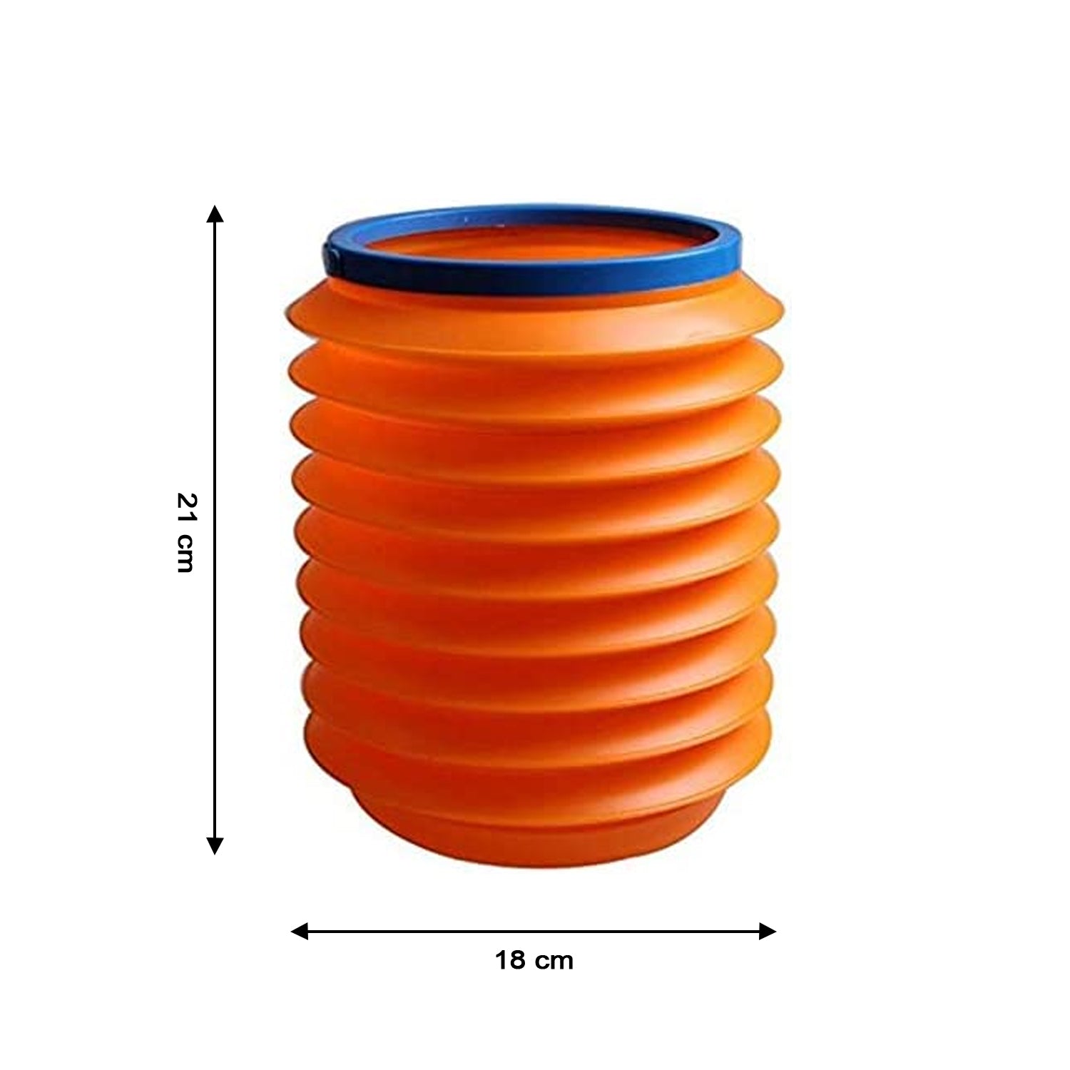 An orange accordion-style bucket with a blue rim is shown with dimensions of 21 cm height and 18 cm width.
