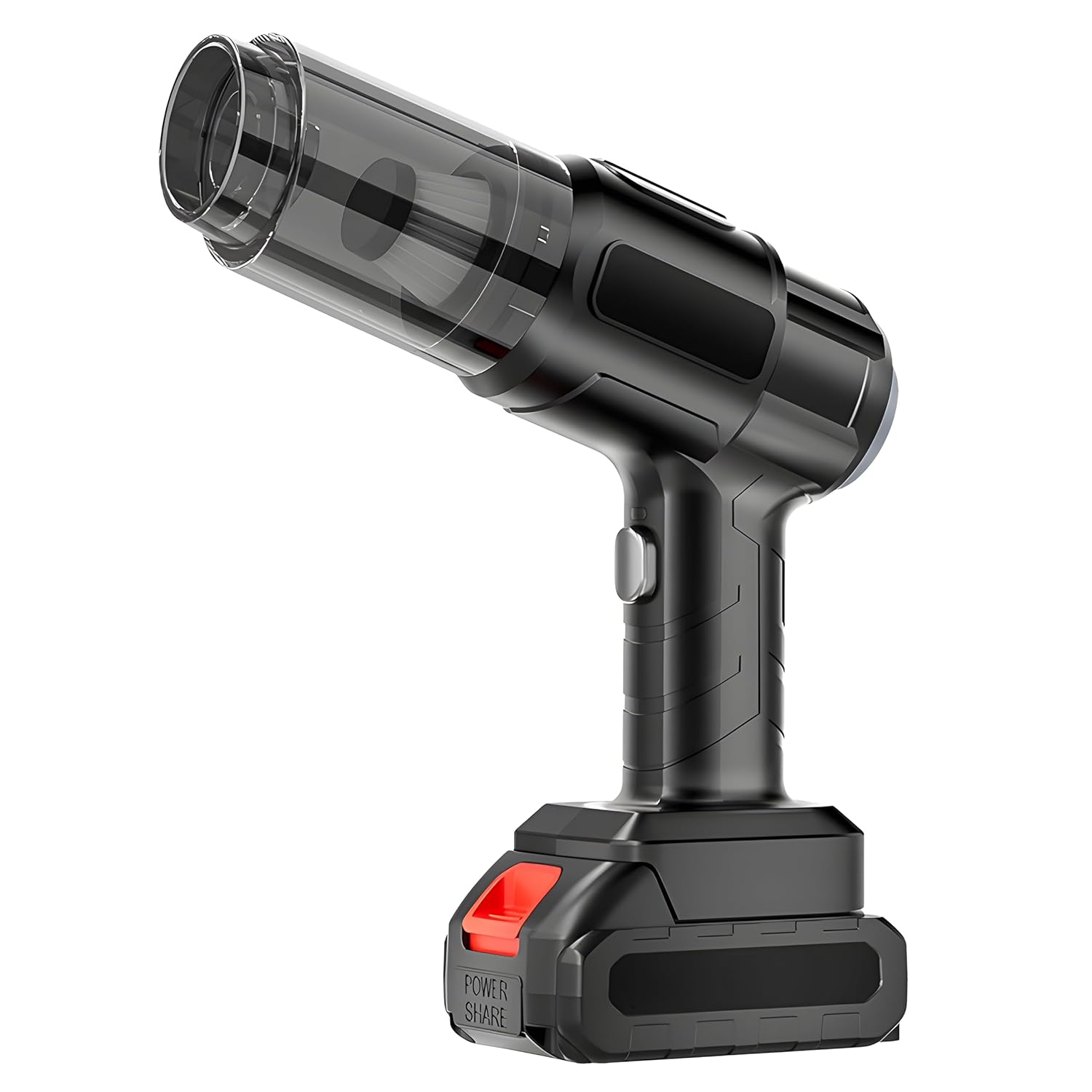 Black handheld vacuum cleaner with a clear dustbin and red battery pack, standing upright on a white background.