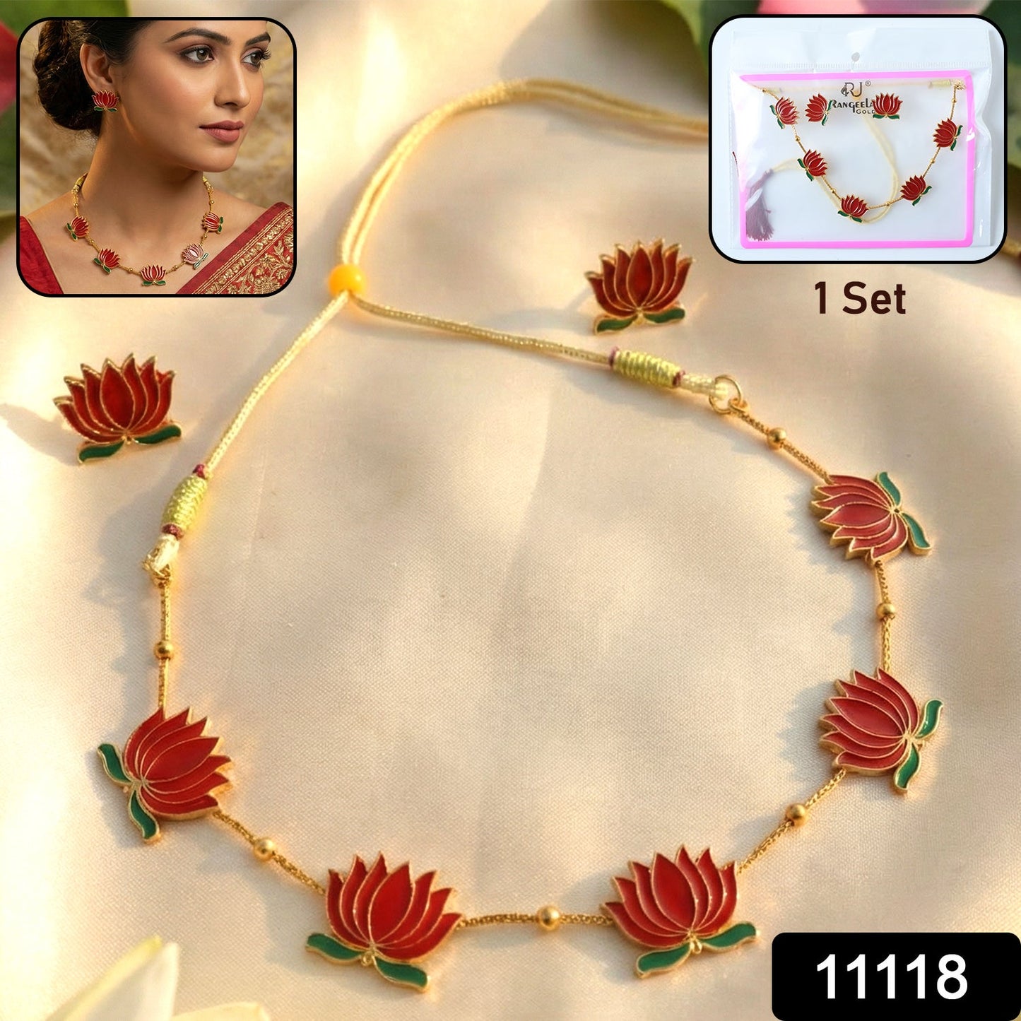 Close-up of red lotus designed necklace highlighting intricate motifs