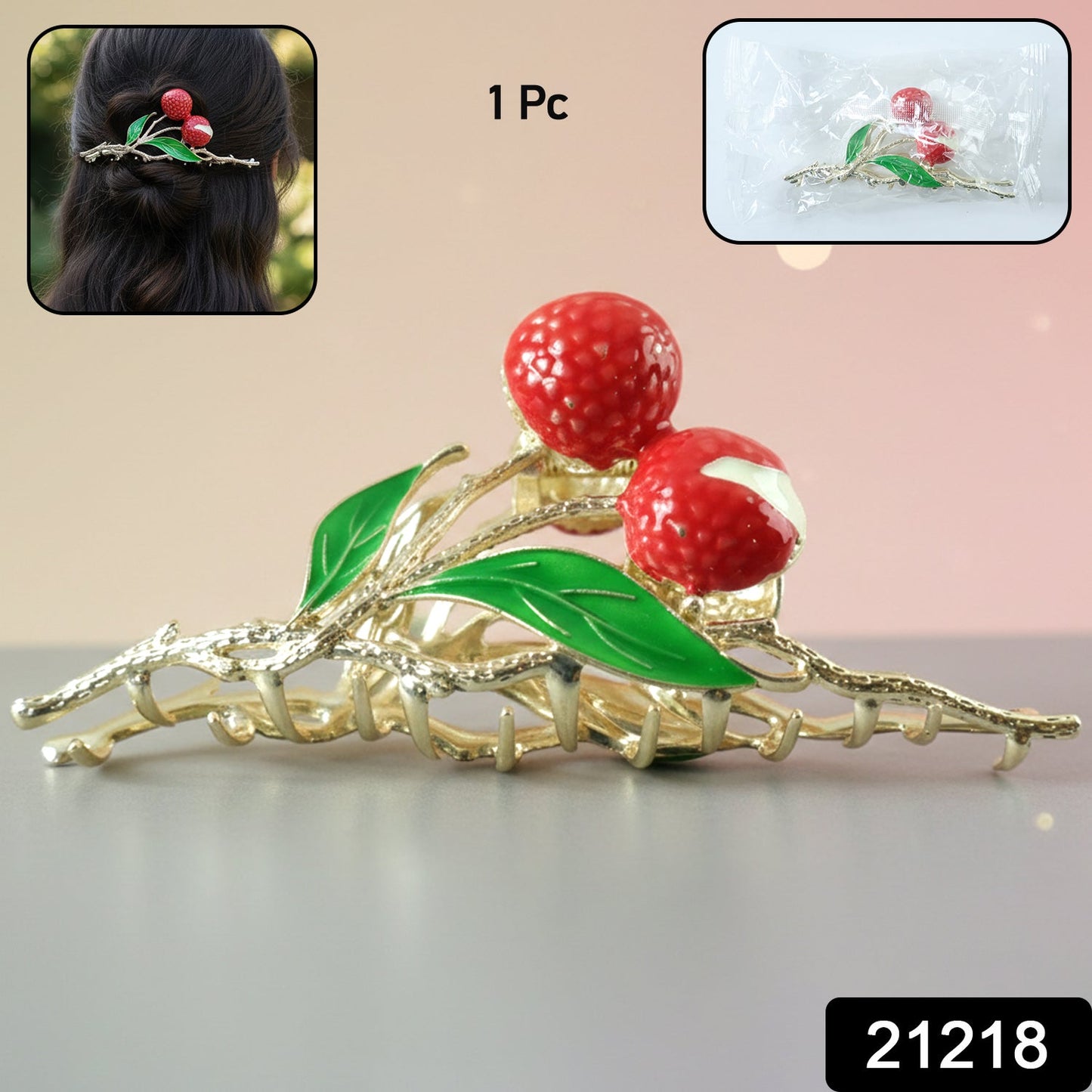 Decorative hair claw clip with berry and leaf pattern for secure hold