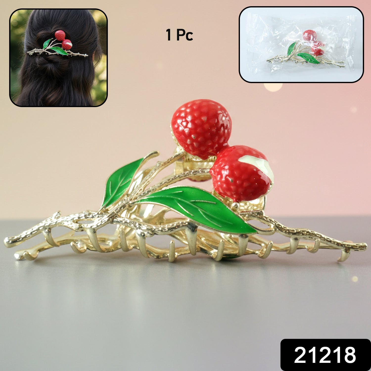 Decorative hair claw clip with berry and leaf pattern for secure hold