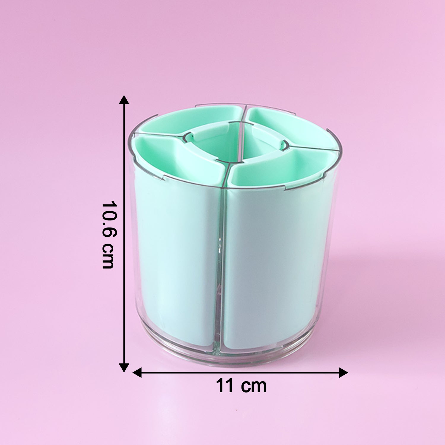 Rotating pen holder close-up showing stable base and compartment design