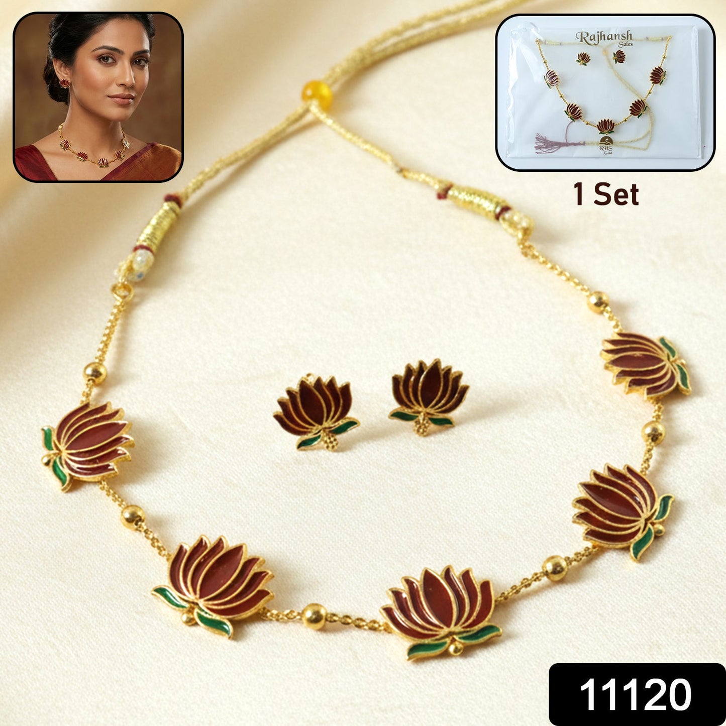 Close-up of lotus motif necklace with matching stud earrings