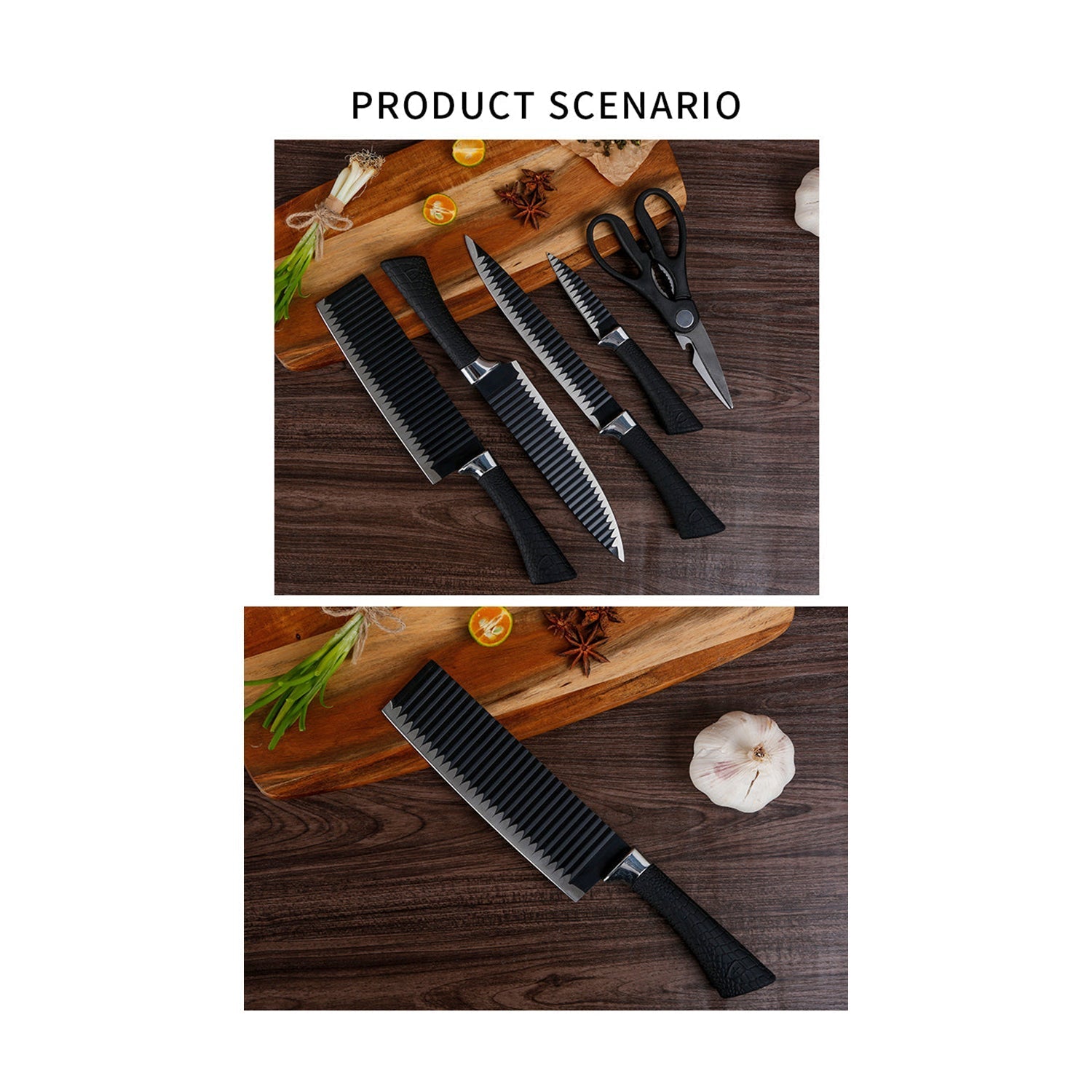 Two images showcasing the six-piece black serrated knife set on a wooden board with various ingredients.