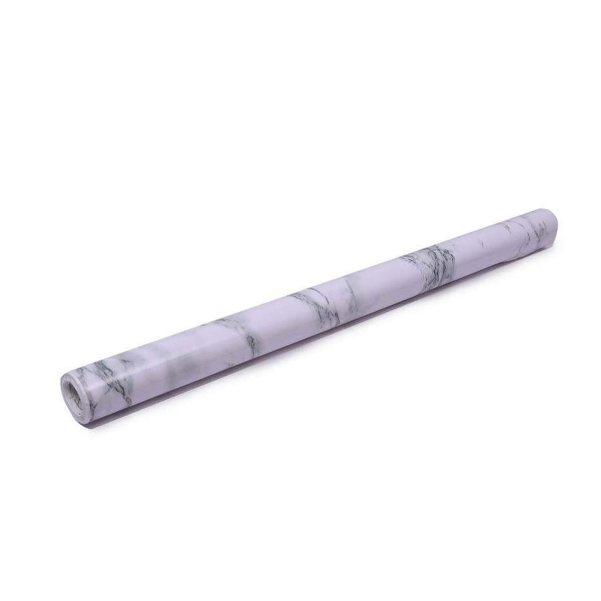 A single roll of white and grey marble pattern self-adhesive wallpaper on a white background.