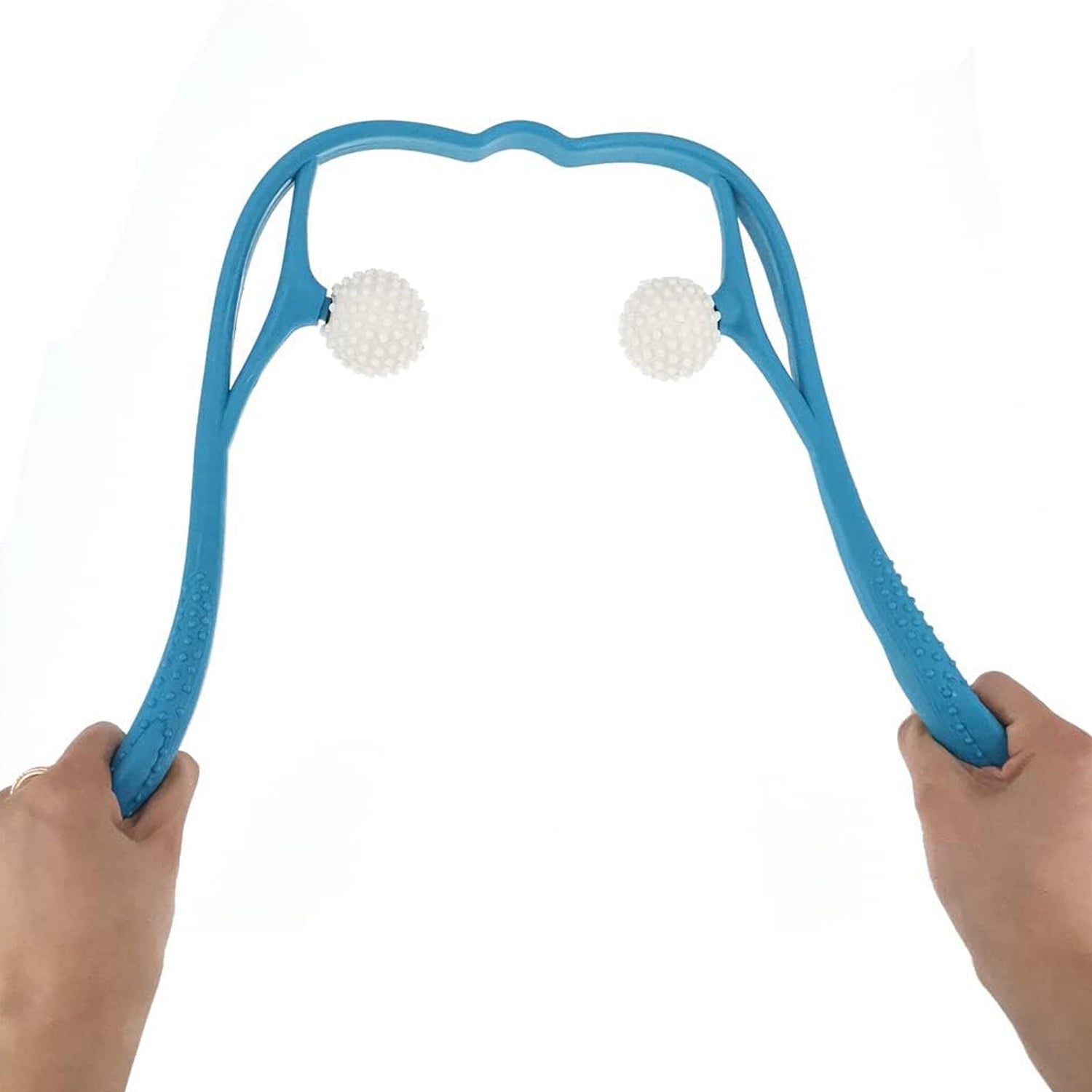 Blue U-shaped neck and shoulder massager applied to the body for effective muscle targeting.