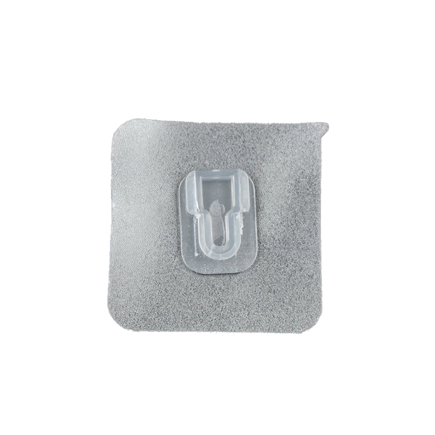 A single clear adhesive hook with a gray textured backing is centered on a white background.