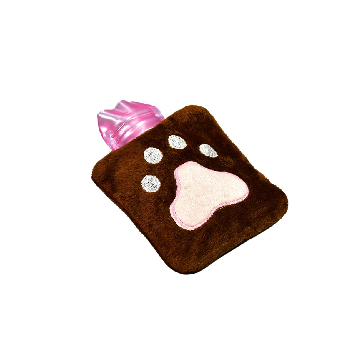 The brown paw print hot water bag with a pink bottle top is shown at an angle on a white background.