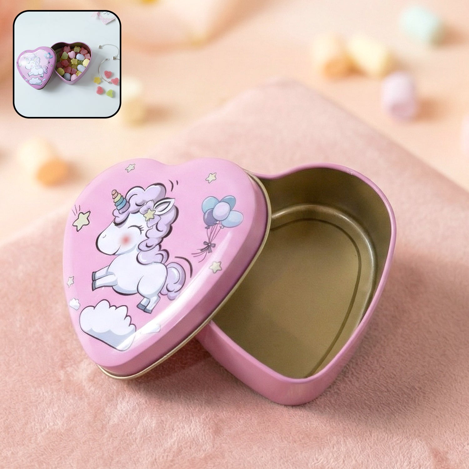 Heart shaped unicorn storage box with vibrant colorful print