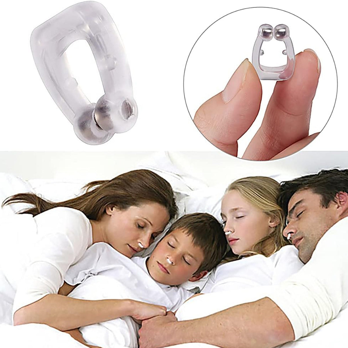 A clear silicone anti-snore nose clip held between fingers, with a family sleeping peacefully in the background.