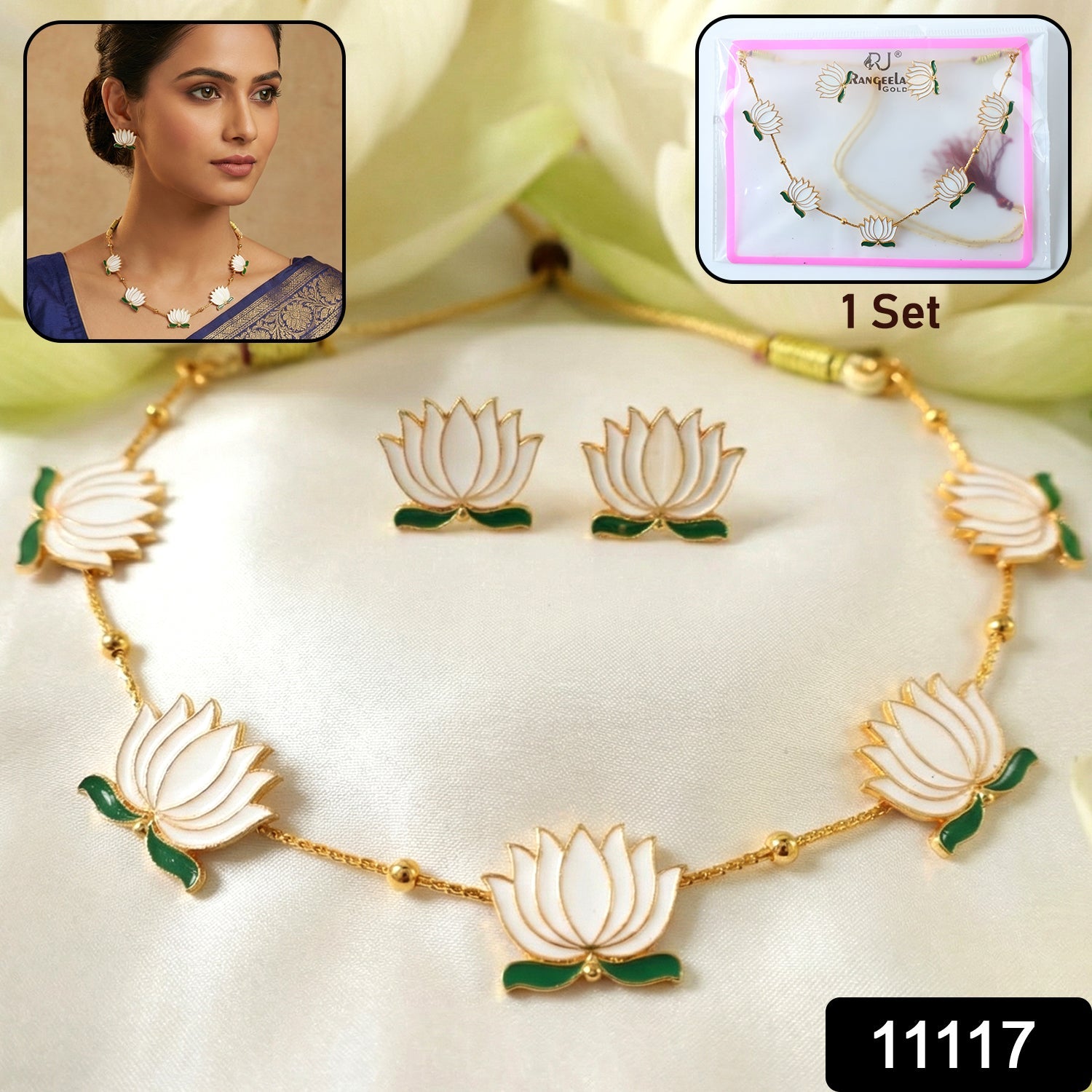 Close-up of lotus flower motif on white lotus necklace set