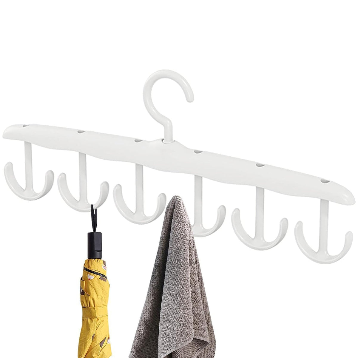 A white plastic multi-hook hanger with six rotating hooks, holding a yellow umbrella and a grey towel.