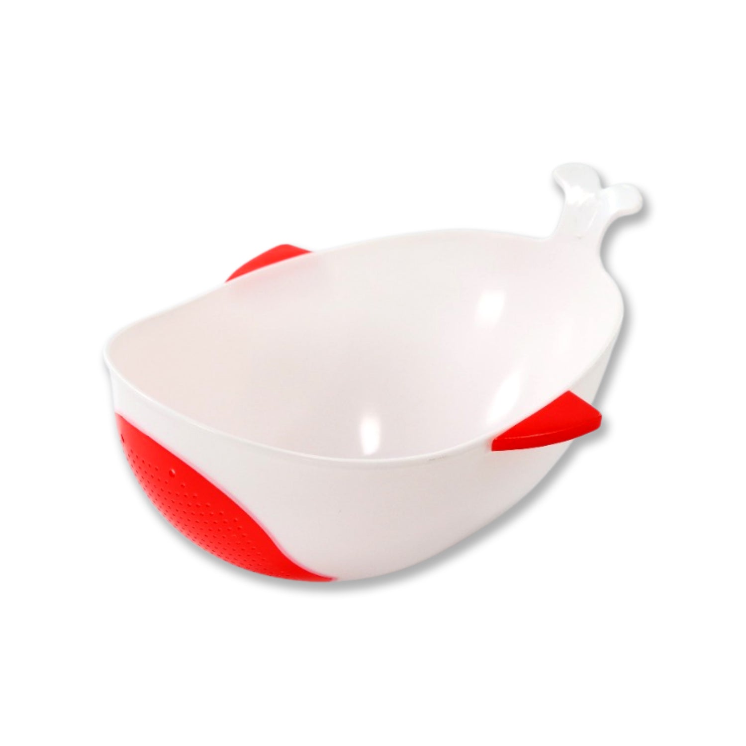 A white whale-shaped rice drainer bowl with red fins and tail on a white background.