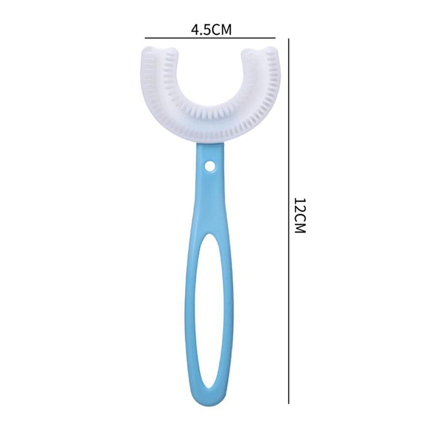 A blue U-shaped toothbrush on a white background with dimensions 4.5cm width and 12cm length.
